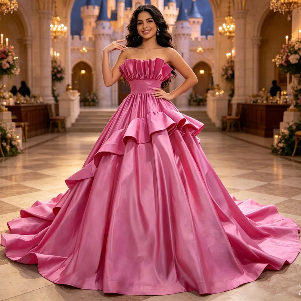 Customized Formal Gown Gorgeous Rose Pink Strapless Sleeveless Lace Up Back Ruched Evening Dress for Women