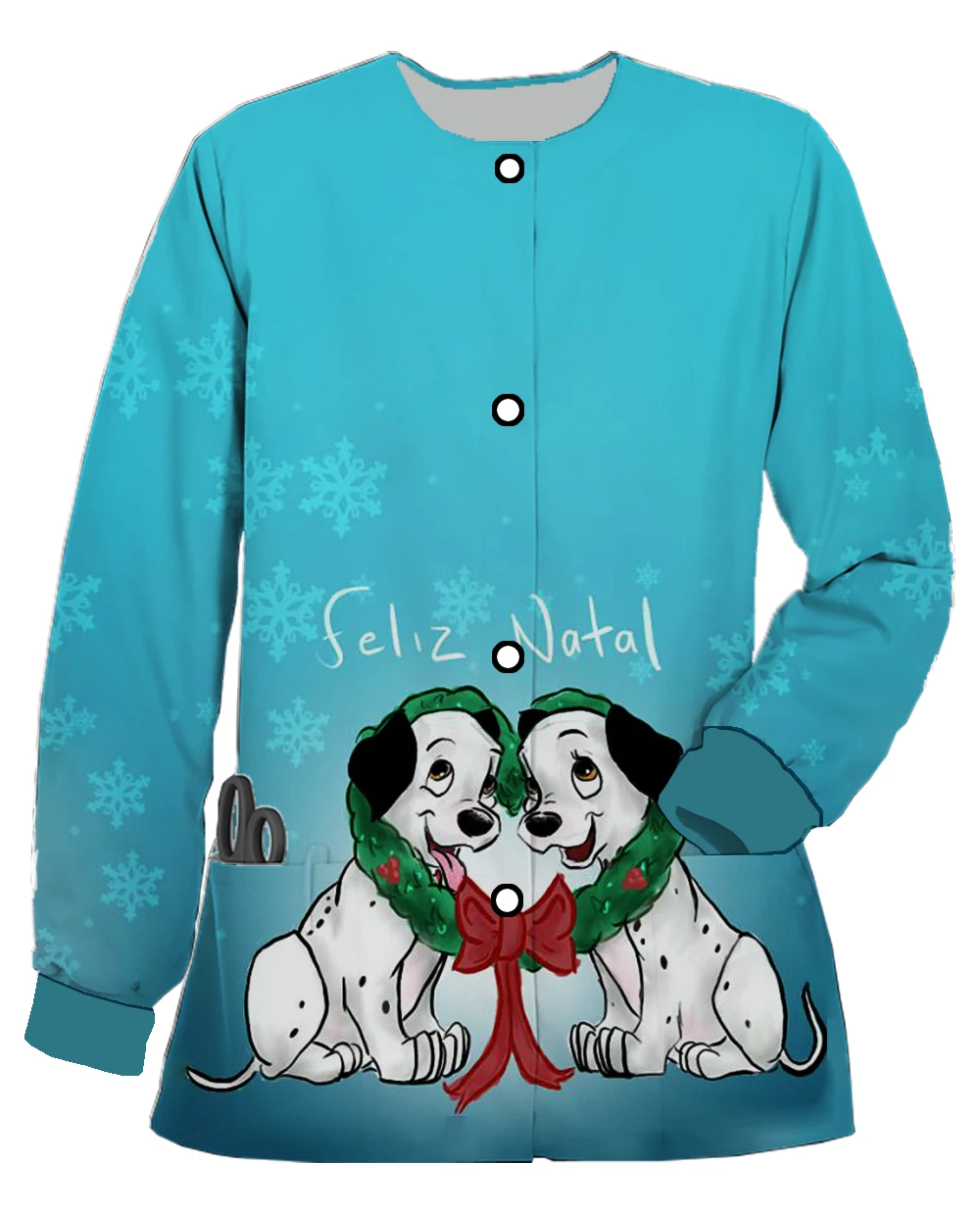 Disney Christmas Dalmatian Print Round Neck Pocket Long Sleeve Scrub Jacket Nurse Uniform Medical Uniform Beauty Salon Coat