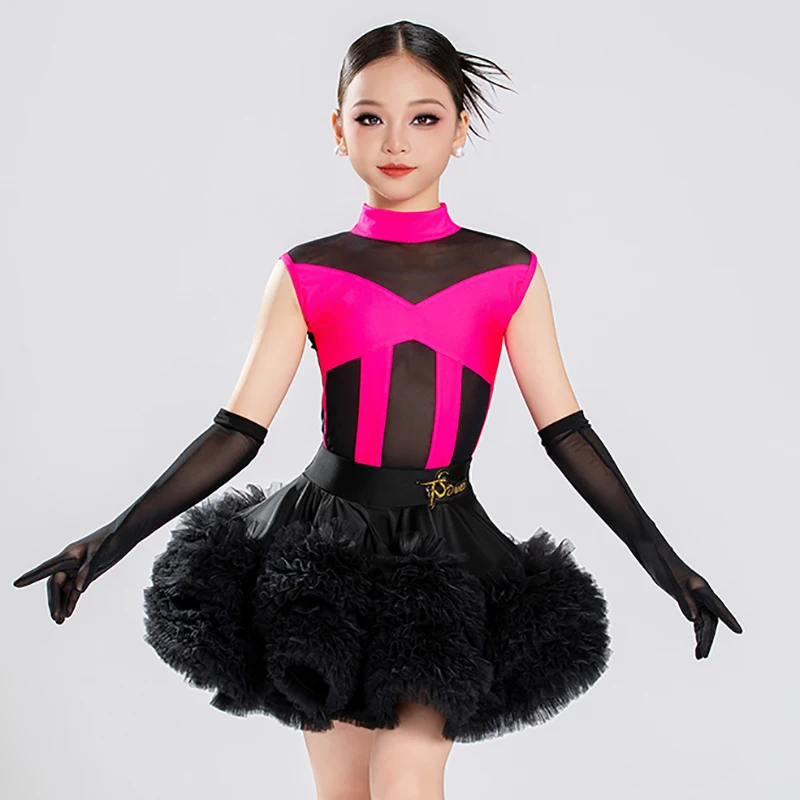 Body en maille contrastée pour enfants filles, grande jupe pivotante en dentelle, uniforme de classe, Costumes de spectacle
