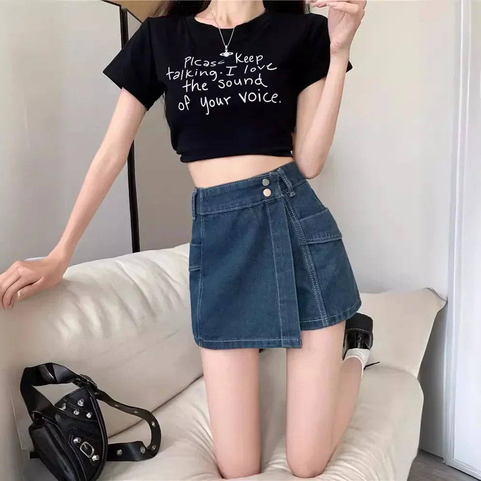 

2025 Retro American Denim Mini Skirt High Waist Loose Slim Hiding Hip Wide Leg A- Line Pants Women's Summer New Style Fashionabl