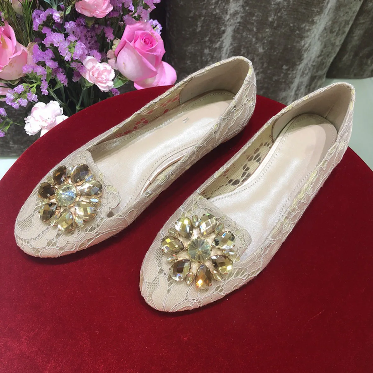 Women\'s Summer Flat Lace Shoes Rhinestone Flower Ballet Shoes