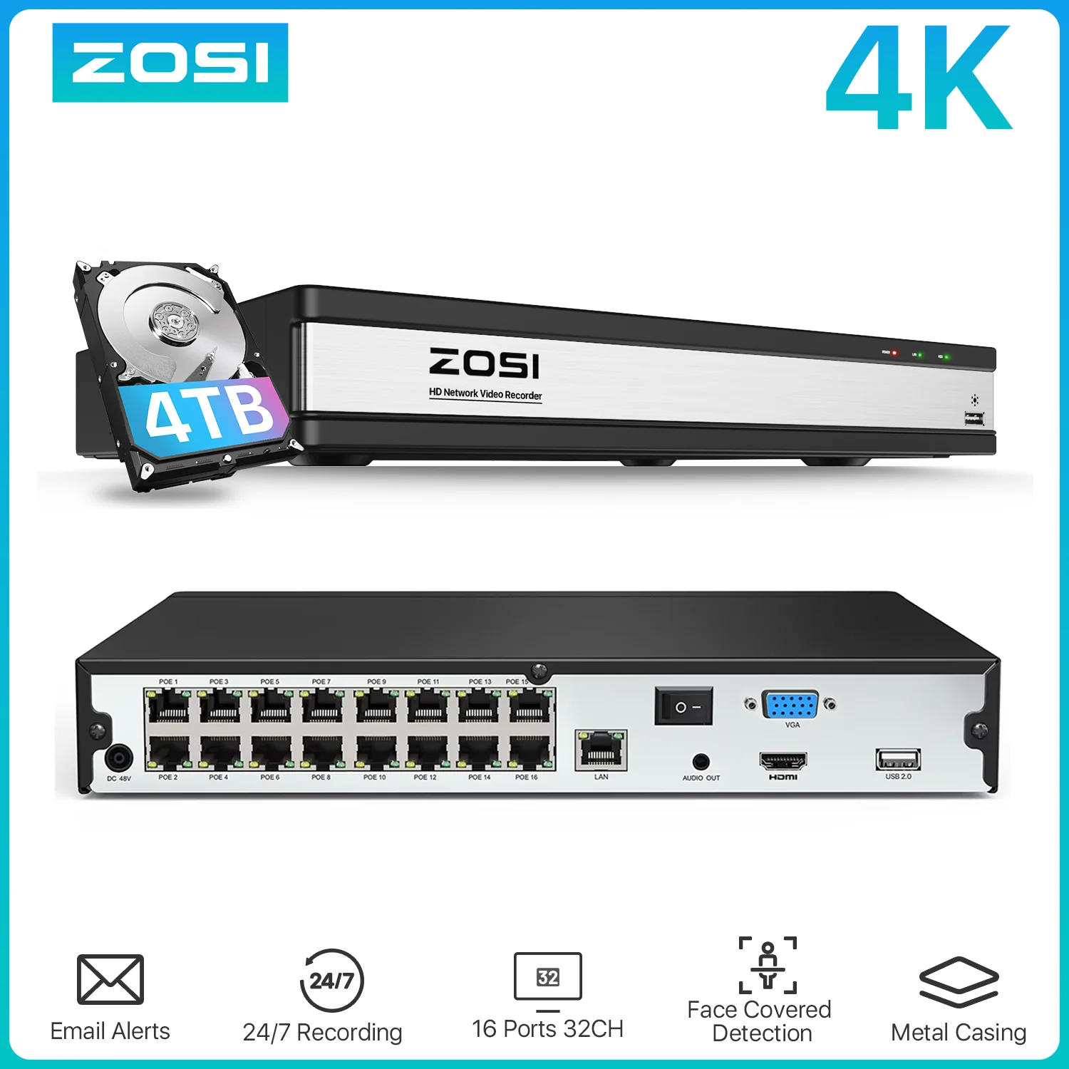 ZOSI 16-Channel 4K PoE NVR H.265 Network Video Recorder for Surveillance Only Work with ZOSI 8MP 5MP 2MP PoE Security IP Cameras