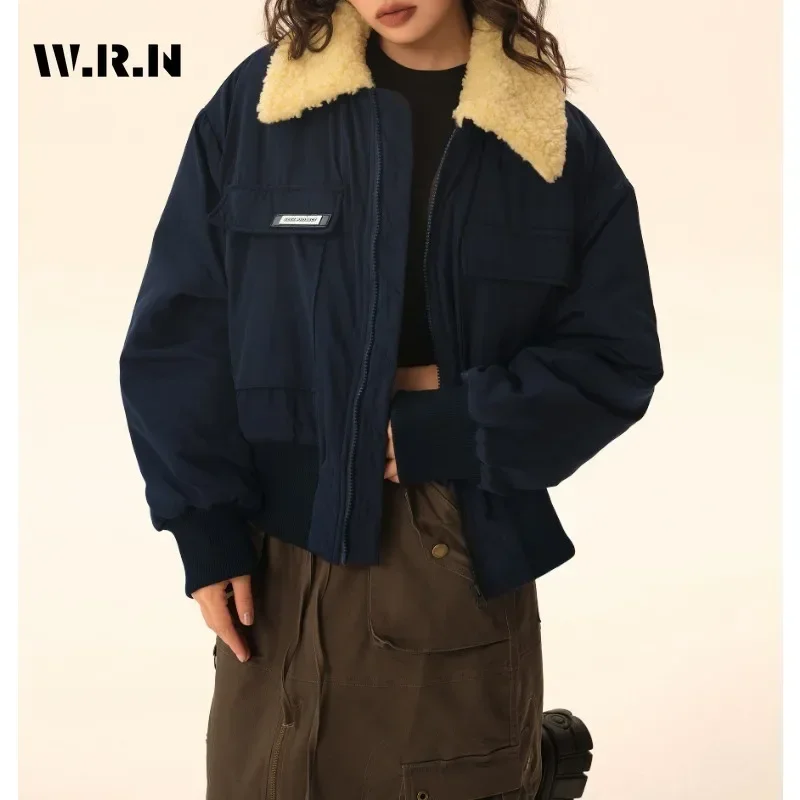 

2023 Winter American Retro Style Single Breasted Parkas Warm Thick Patchwork Jacket Women Casual Turn Down Collar Vintage Coat