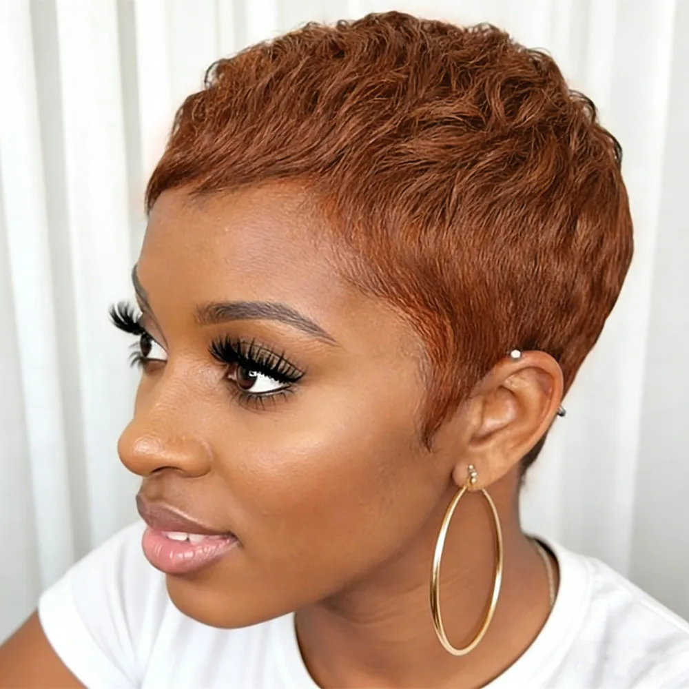 

Короткий прямой многослойный парик из натуральных волос, плотность 150%, 4 дюйма, машинной работы, коричнево-бордовый, стрижка пикси.