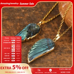 Luxury Flash Labradorite Angel Wing Pendant Necklaces Women Fashion Rainbow Fluorite Choker Necklace Jewelry Gifts Wholesales