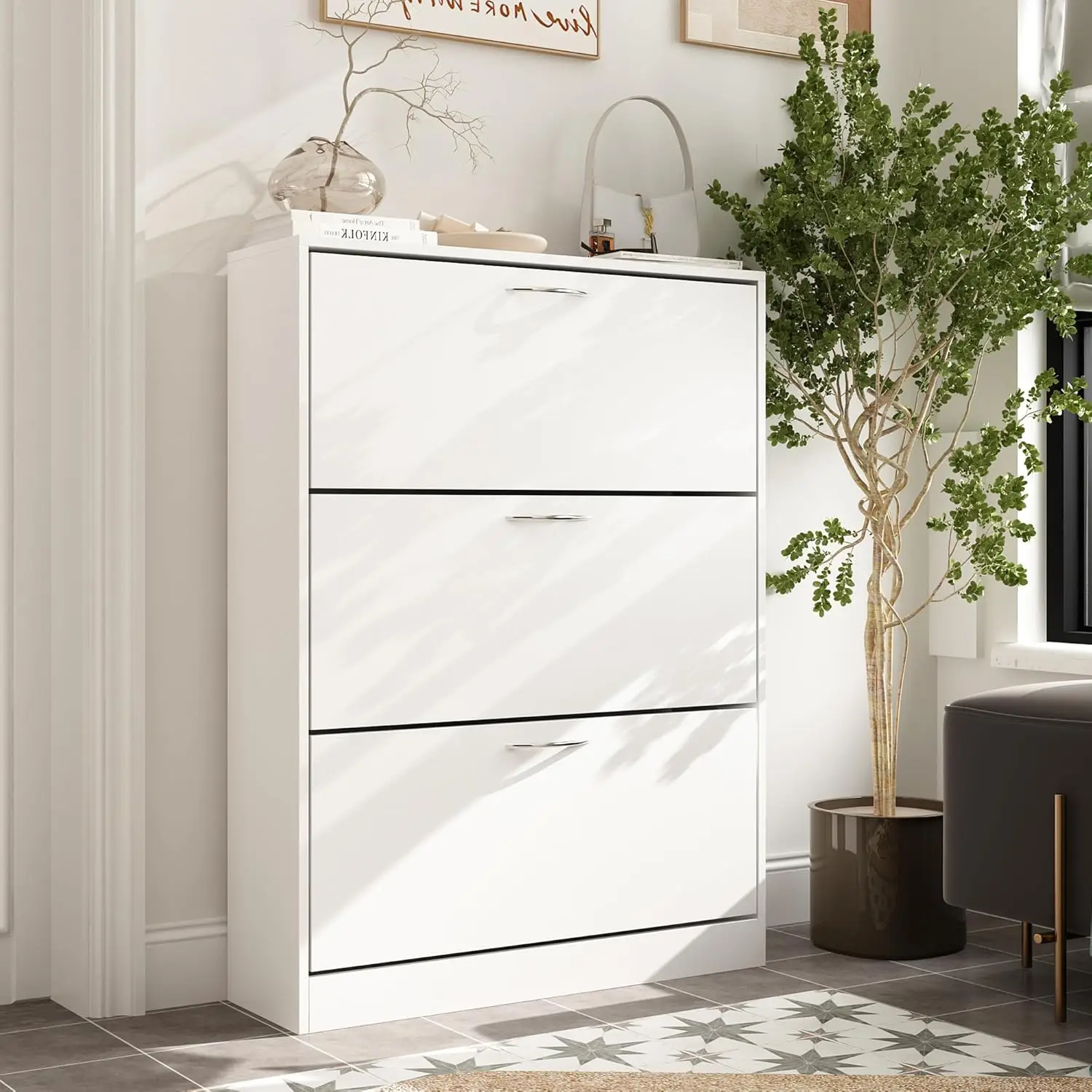 

Shoe Cabinet with 3 Flip Drawers, Shoe Storage Organizer with 2-Tier Shelf, Freestanding Shoe Rack for Entryway Hallway