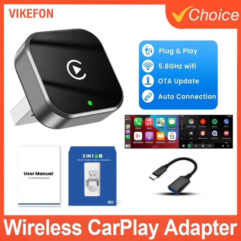 MiNi Wireless CarPlay & Android Auto Adapter Universal  Plug & Play USB Dongle for VW, Toyota, Nissan, Honda, Ford, Benz & More