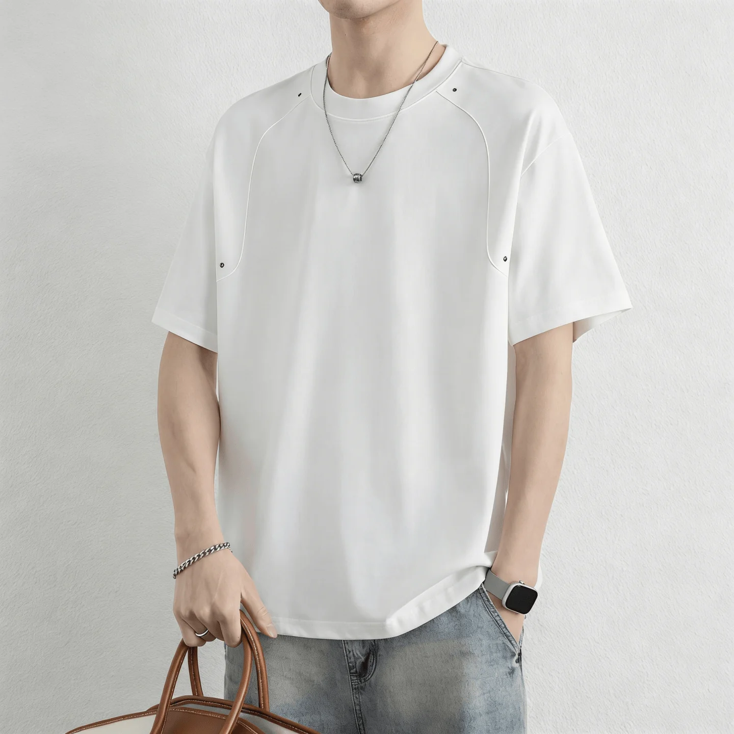 Summer Men's Fashion Casual Simple Stippled Rivet Round-neck Short-sleeved T-shirt