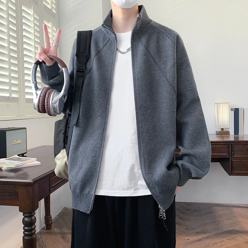 

Мужской вязаный кардиган на молнии, повседневный свободный крой, высококачественный однотонный свитер с воротником-стойкой, универсальная осенняя верхняя одежда/пальто