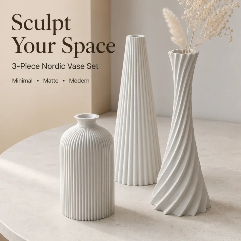 3Pcs Ribbed Vase Set Matte Off-White Tone 3D Printed PLA Wabi Sabi Minimal Vases for Living Room Shelf Dried Flower Home Decor G