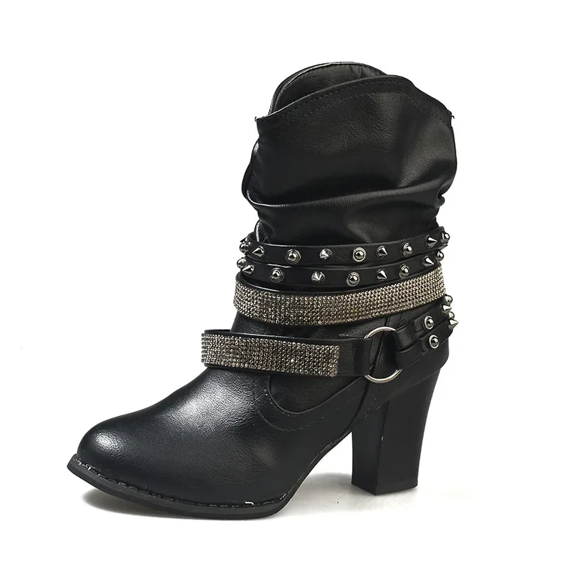 Autumn Hollow Ankle Boots Woman High Heels Plus Size Platform Crystal 1 Heel Shoes Buckle Strap Rivet Short Botas 2020