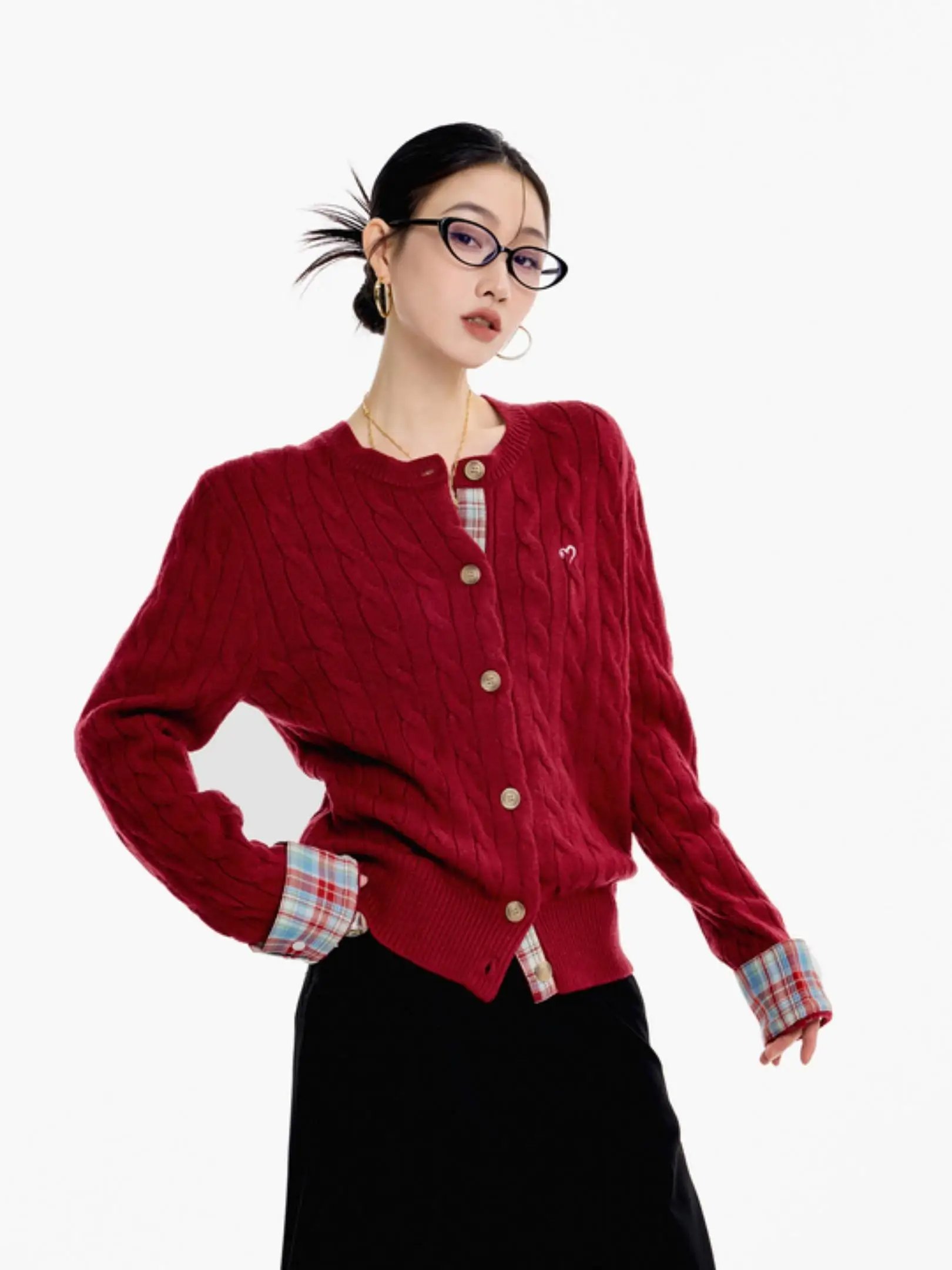 

Red Knitted Cisas Sle Women's Sweater ort American Sle Cardigan Coat Ich Mode Loose Fit Long Sve round Ne
