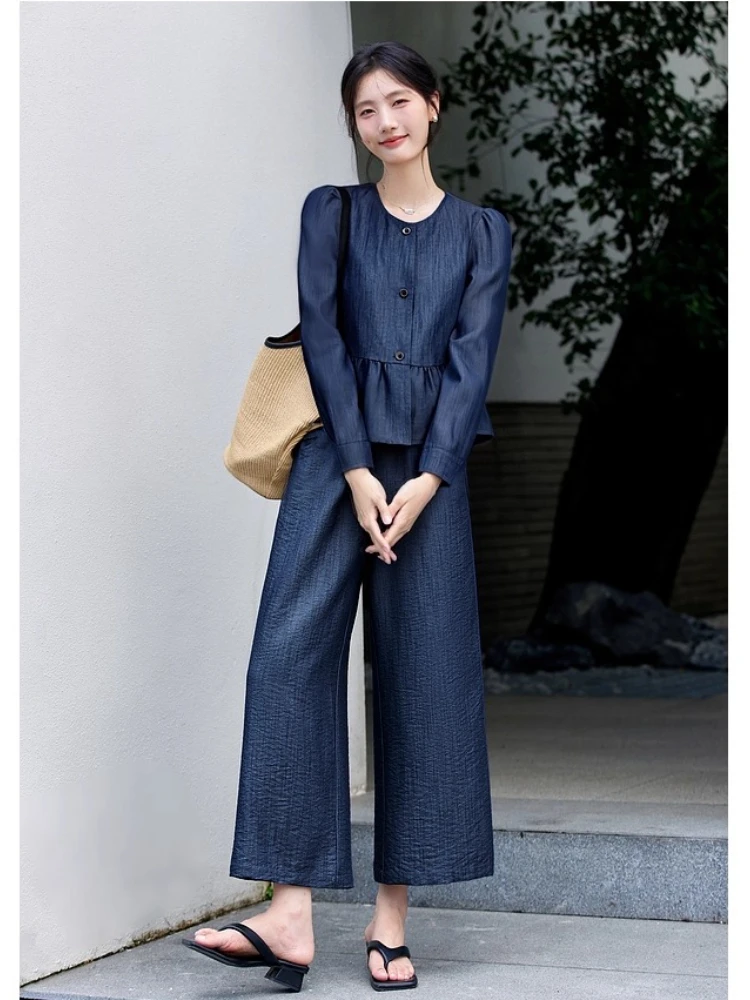 

VIMLY Woman 2 Piece Outfit Pant Sets Blue Autumn 2025 New Round Neck Ruffles Hem Top and Wide Legs Long Pants Trouser Sets A2987
