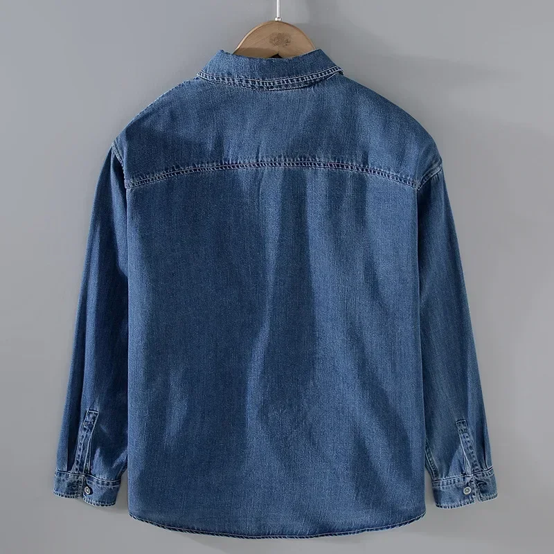 

Весенне-осенние джинсовые рубашки, мужская повседневная японская рабочая одежда, топы с лацканами и карманами, свободная синяя джинсовая рубашка с длинными рукавами, простая винтажная рубашка