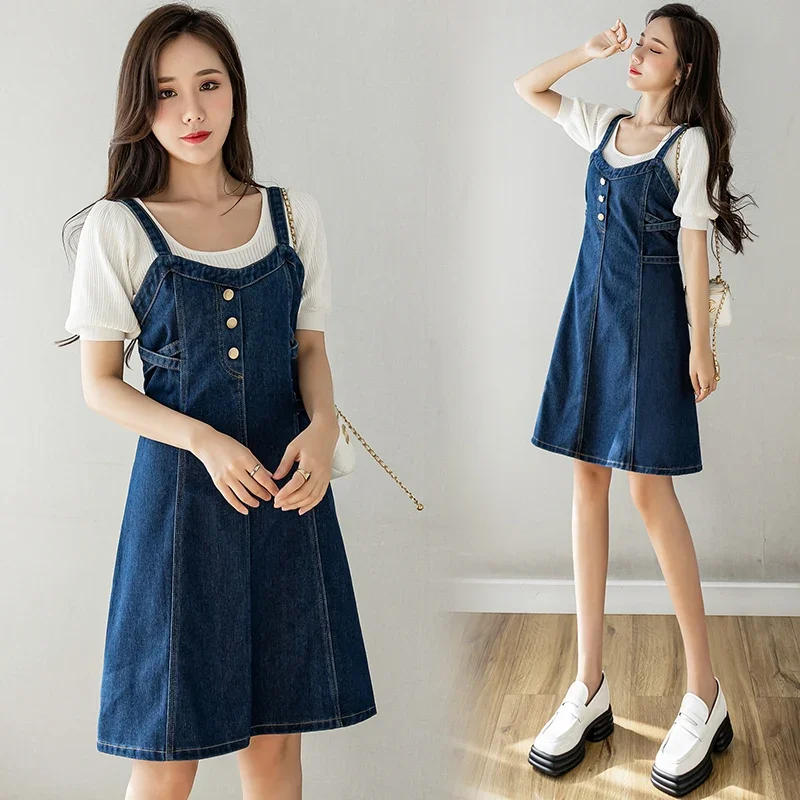 Women Denim Strap Dress High Waist Sleeveless A-Line Jean Maxi Dresses Spring Summer Lace Up Solid Color Dress S-5XL