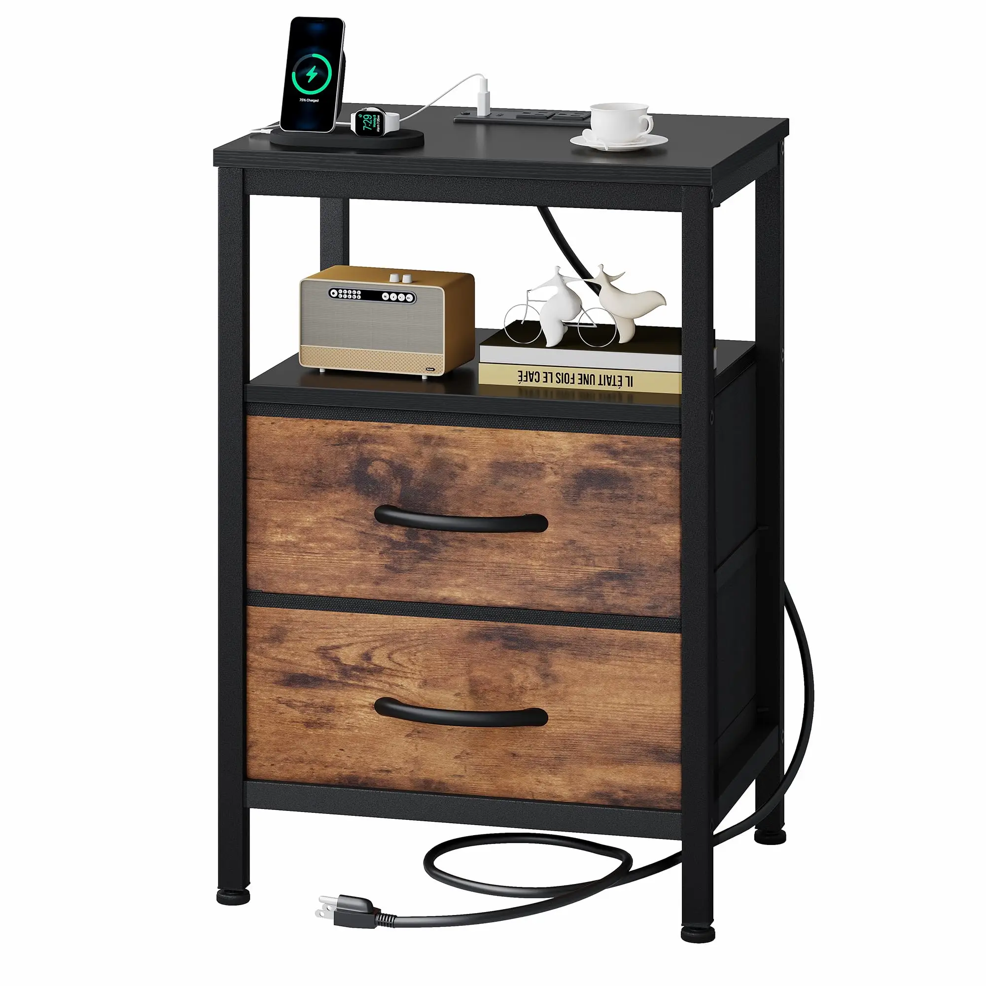 

Modern Bedside Table With Dual Wood-Grain Drawers, Open Shelf, And Built-In Charging Station Featuring USB And Type-C Ports