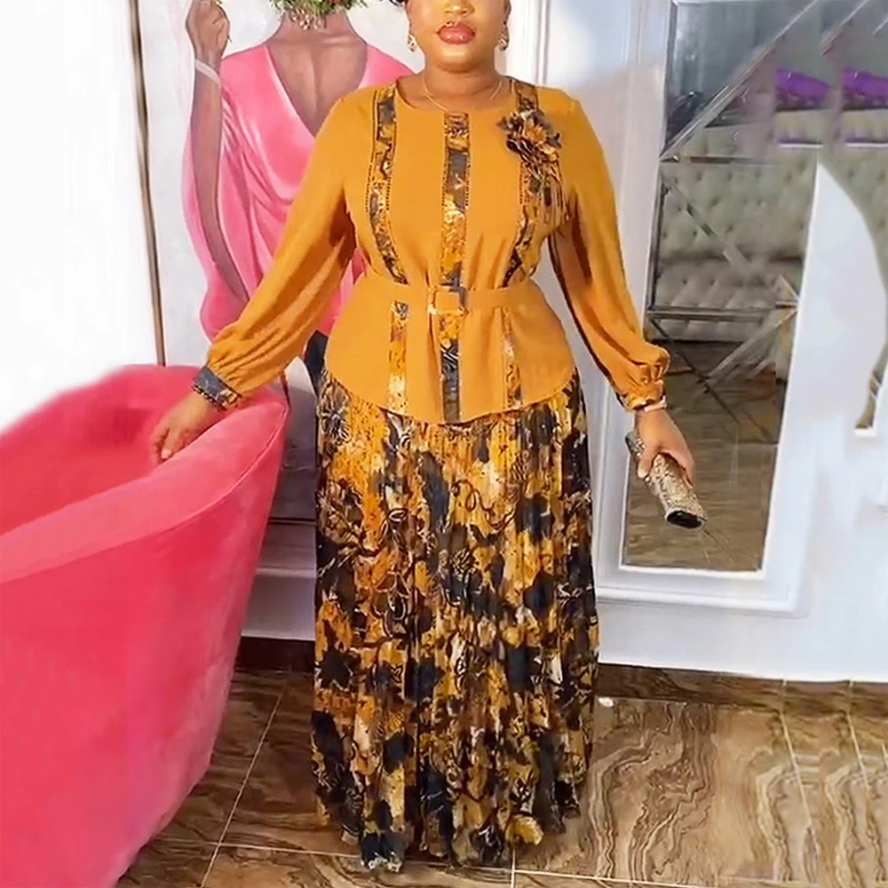 African Ladies 2 Pieces Skirts Sets Blouse Full Sleeve & Pleated Skirts Printed Floor Length Luxury Female Birthday Party Cloth