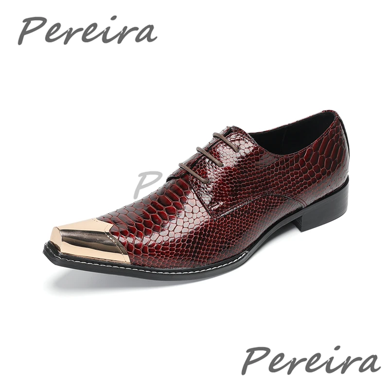 British Style Metal Pointed Toe Men's Derby Shoes Rivet Belt Buckle Casual Business Shoes Wine Red Genuine Leather Dress Shoes