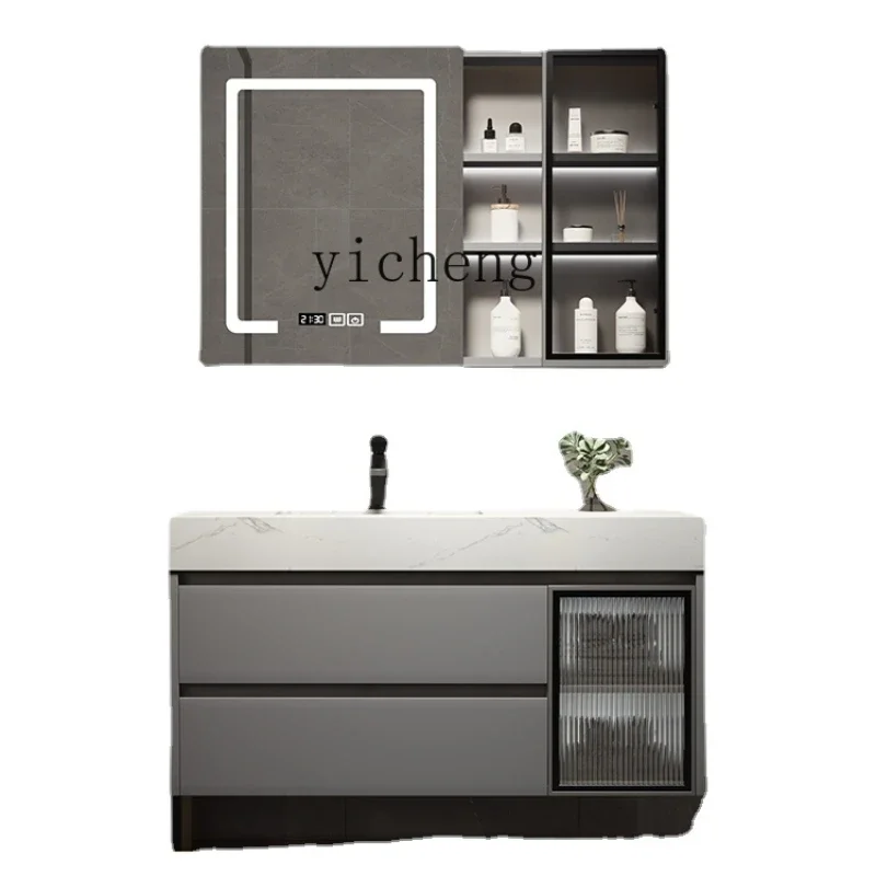 

Stone Plate Ceramic Basin Multi-Layer Solid Wood Gray Modern Minimalist Bathroom Cabinet Combination