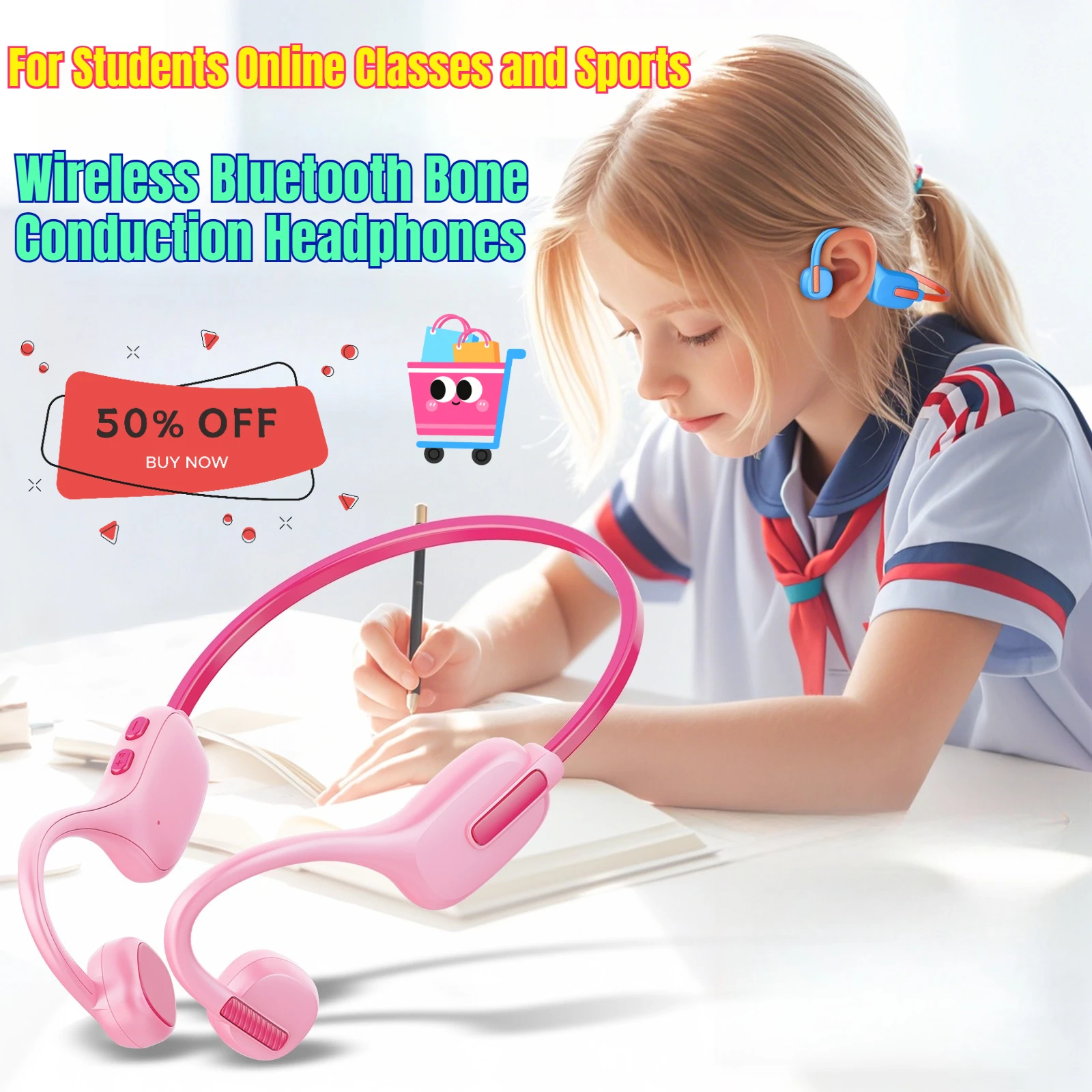 

Wireless Bluetooth Bone Conduction Headphones Children Ear Protecting Non in Ear for Students Online Classes and Sports