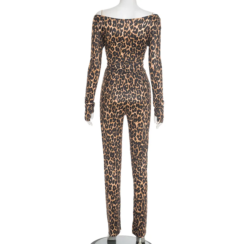 Set da donna sexy con stampa leopardata da 2 pezzi, scollo a V avvolto con spalle scoperte, top corto a maniche lunghe + pantaloni a matita, abiti casual slim clubwear