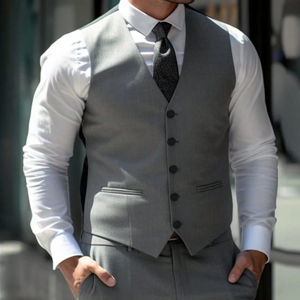 

Men Vest Slim Fit Thin Button Coats Grey Sleeveless One Pieces Bussiness Vests Jacket Suit Male Waistcoat Colete Masculino