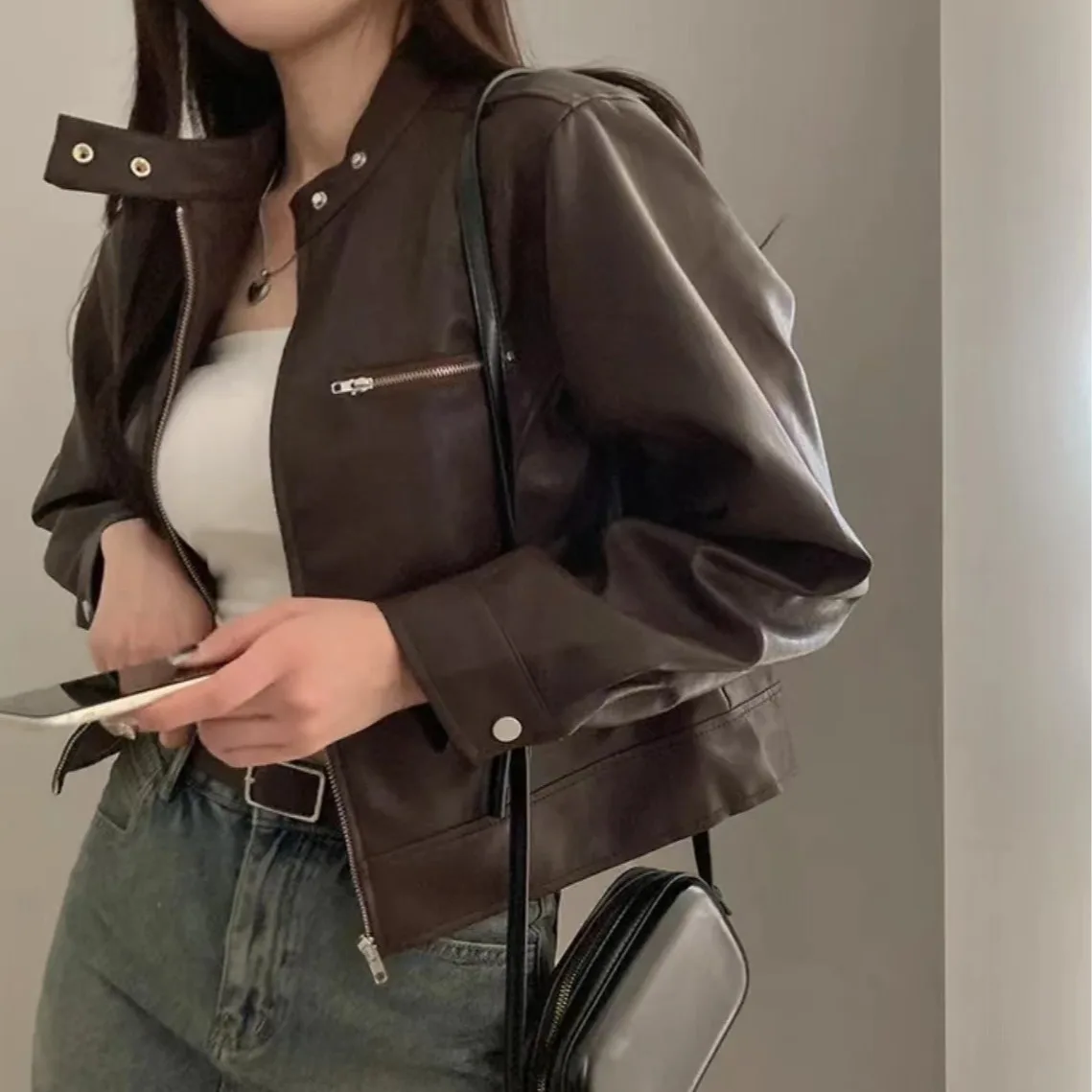 Stylish Korean Versatile Long Sleeve Stand Collar Motorcycle Leather Jacket Half High Collar Baseball Style Women's Coat