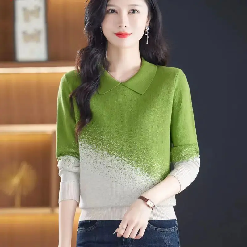 Women's Korean Fashion Contrast Color Polo Collar Knitted Sweater Elegant Long Sleeve Loose Pullovers Autumn Chic All Match Tops