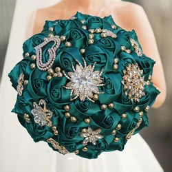 Green Rhinestone Brooch Wedding Bouquet for Bride Bridesmaid High Quality Ribbon Flowers Many Size and Colors