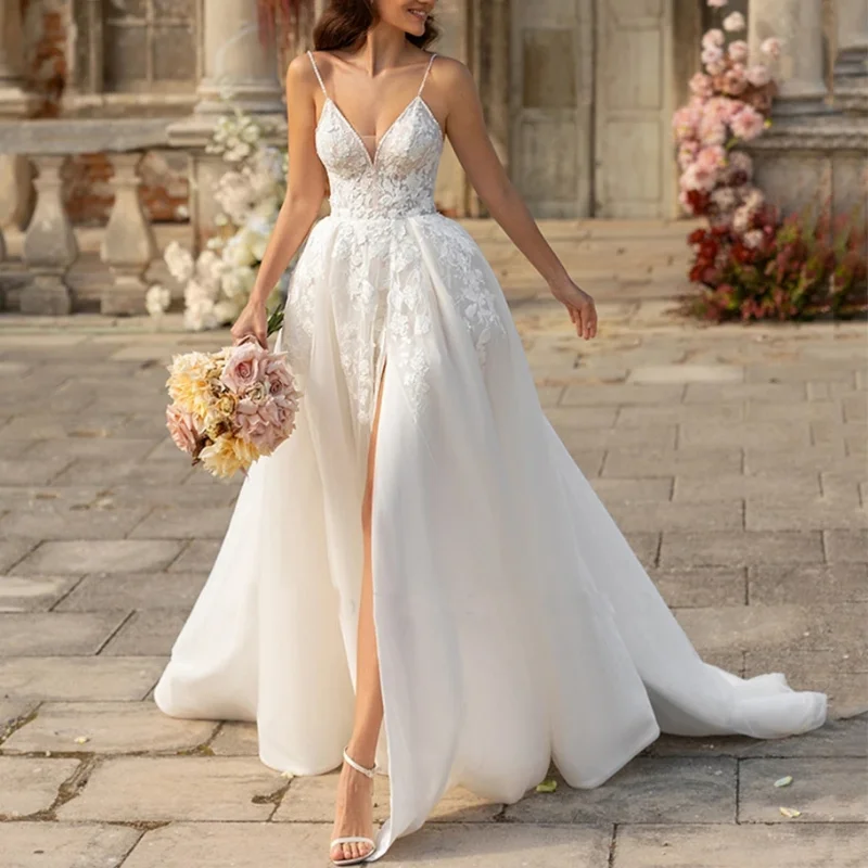 

Spaghetti Straps Wedding Dresses V Neck High Slit Wedding Dress Lace Applique Backless Bridal Gowns trouw jurk