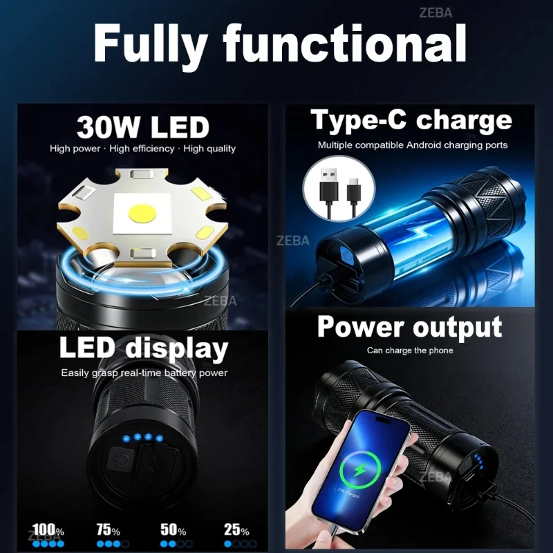 

860000000LM Variable Zoom Tactical Light Rechargeable Battery Powerful Flashlight LED Handheld Flashlight Super Bright 15000mAh
