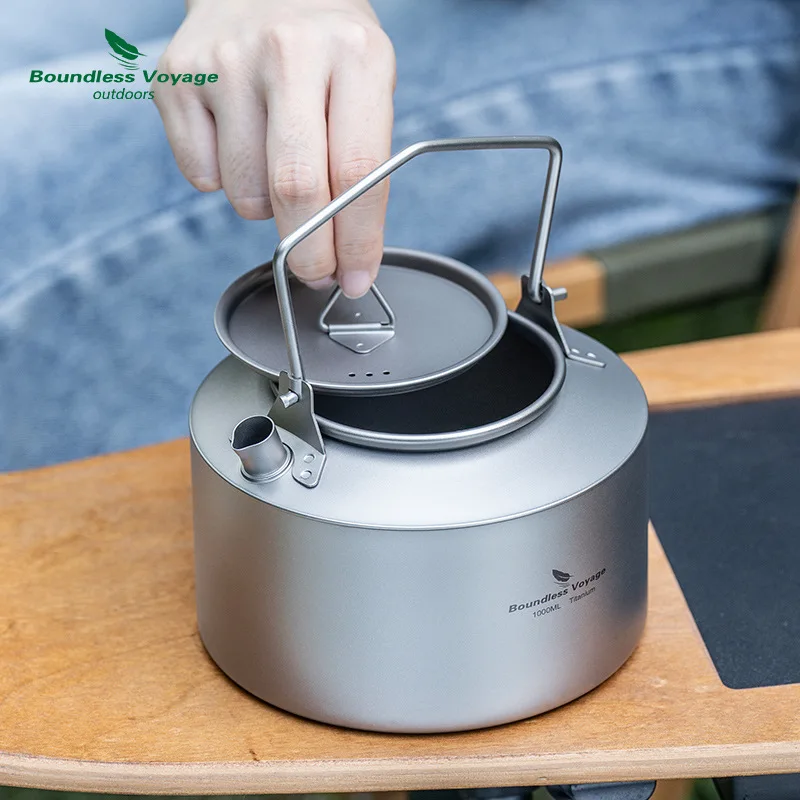 غلاية من التيتانيوم النقي سعة 1 لتر مع مقبض قابل للطي، خفيفة الوزن للغاية للتخييم المنزلي في الهواء الطلق وإبريق شاي من التيتانيوم، A1574