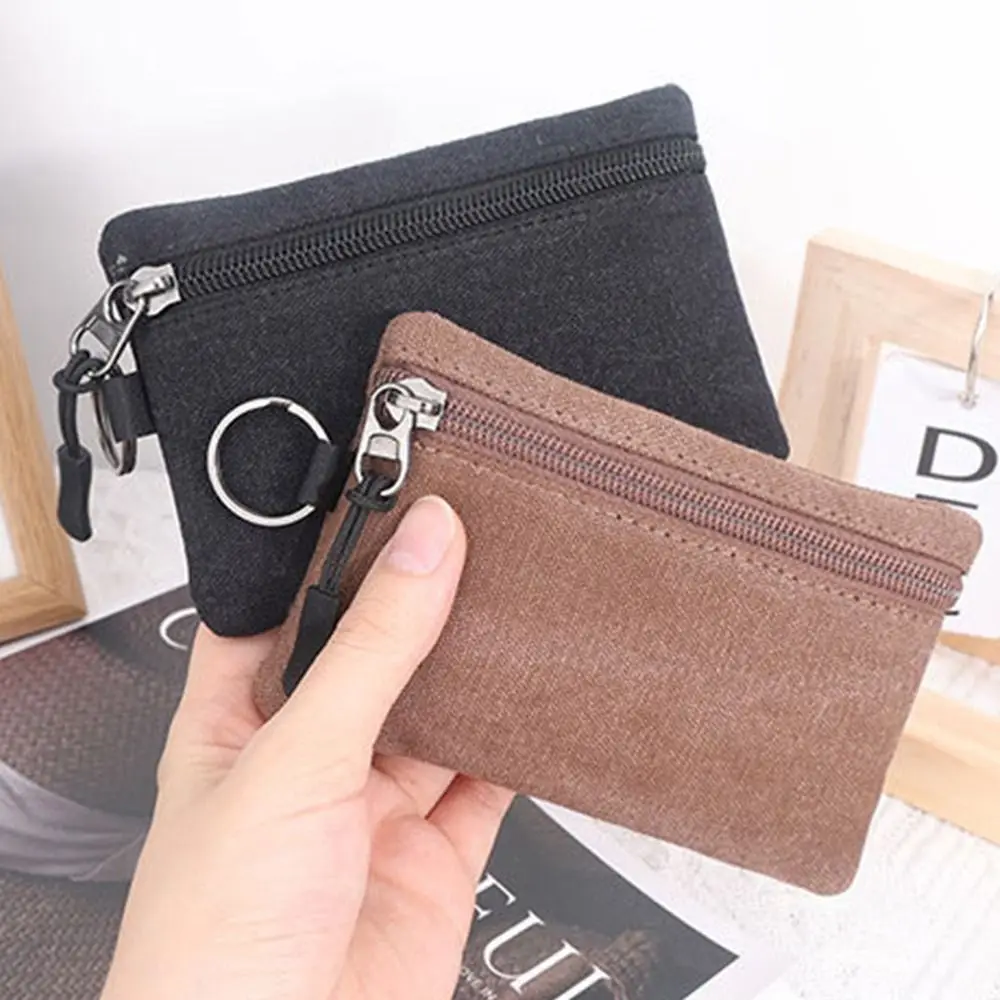 Casual Hand-held Canvas Coin Purse Solid Color Retro Mini Coin Pouch with Key Ring Classic Pouch Bag Key Case