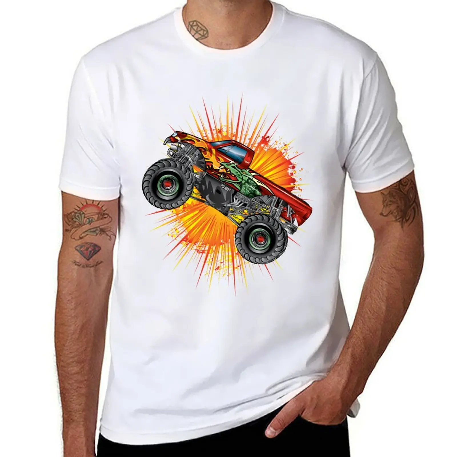 

t tshirt 100% shirts casual cotton T-Shirt Dragon Stunt Explosion Truck Monster funny t shirt man man