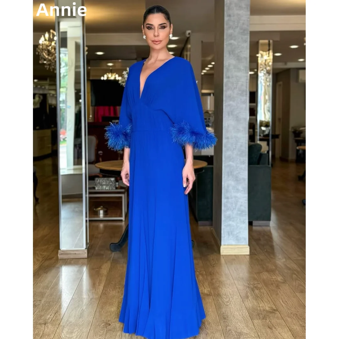 Annie Blue Prom Dresses Gorgeous Feather Fluffy Long Sleeves Evening Dresses Elegant V-neck A-line Vestidos De Fiesta Customized