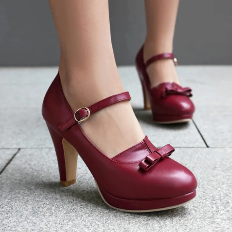 

Милые женские туфли-лодочки на высоком каблуке, большой размер 48, туфли Лолиты Мэри Джейн, синие, черные, красные, розовые офисные свадебные туфли на каблуке для девочек