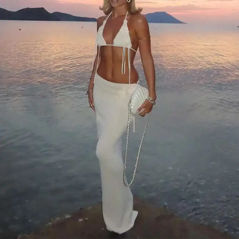 Conjunto de Bikini de punto ajustado con retales de flores, conjunto de dos piezas, falda larga Sexy ahuecada de cintura alta, ropa de playa para mujer, vacaciones informales 2025