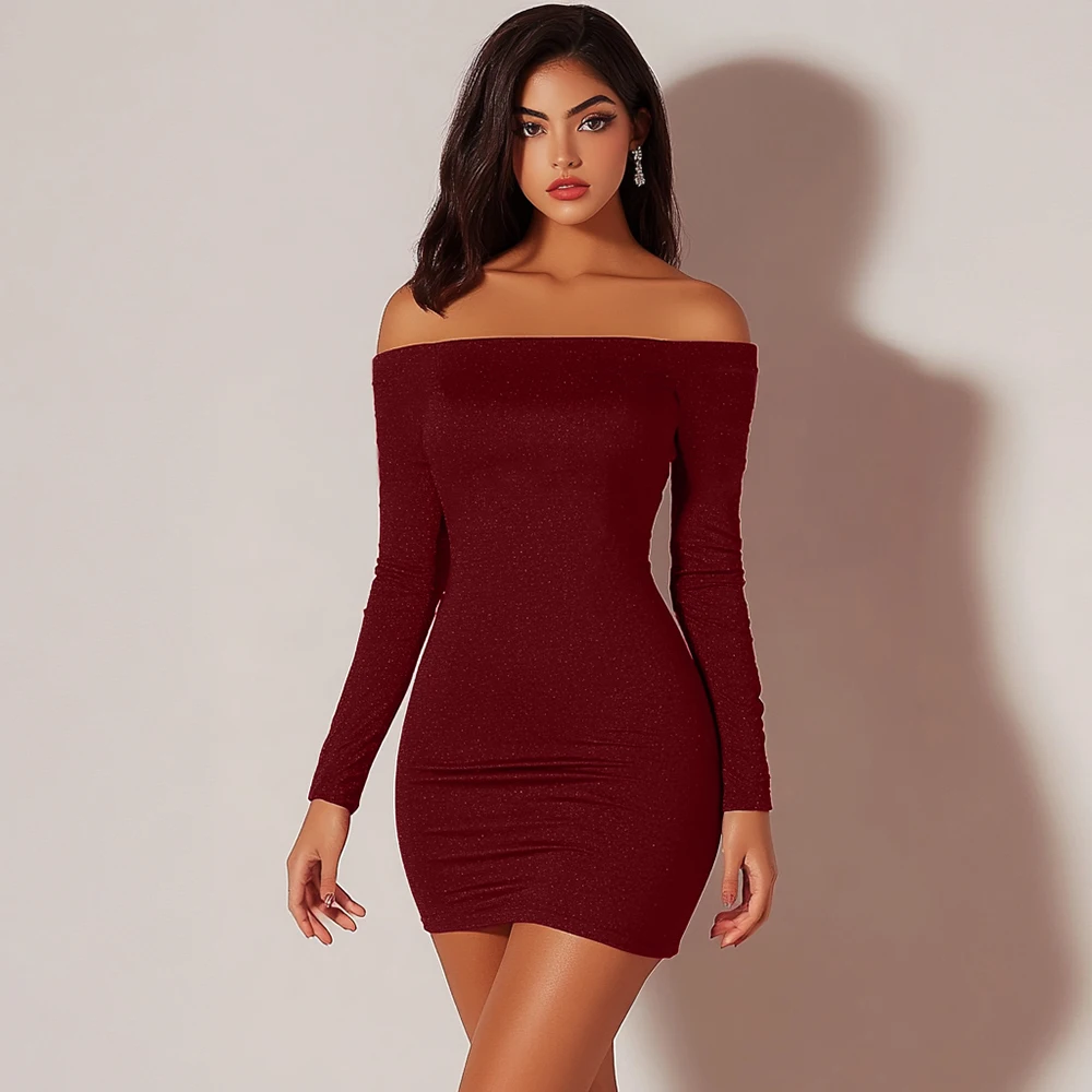 

Mia Muse Women'S Dresses All Seasons Fashion Plain Red Long Sleeve Off Shoulder Mini Bodycon Party Sexy Dresses