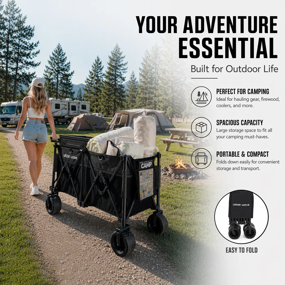 Heavy-Duty Folding Beach Cart - 680LBS Capacity, LargeAll-Terrain Sand Wheels, Cup Holder, 360° Maneuverability -Ideal for Camping, Gardening, Outdoor Sports EquipmentTransport
