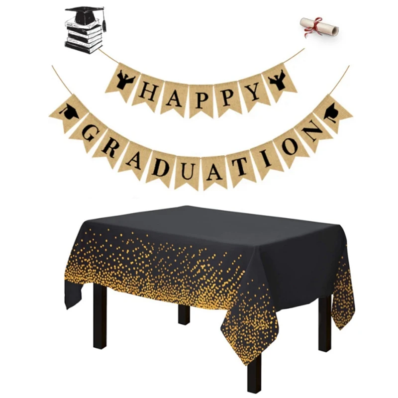 3 Piece Disposable Tablecloth Black Gold Graduation Theme Party Theme 54 Inch X 108 Inch