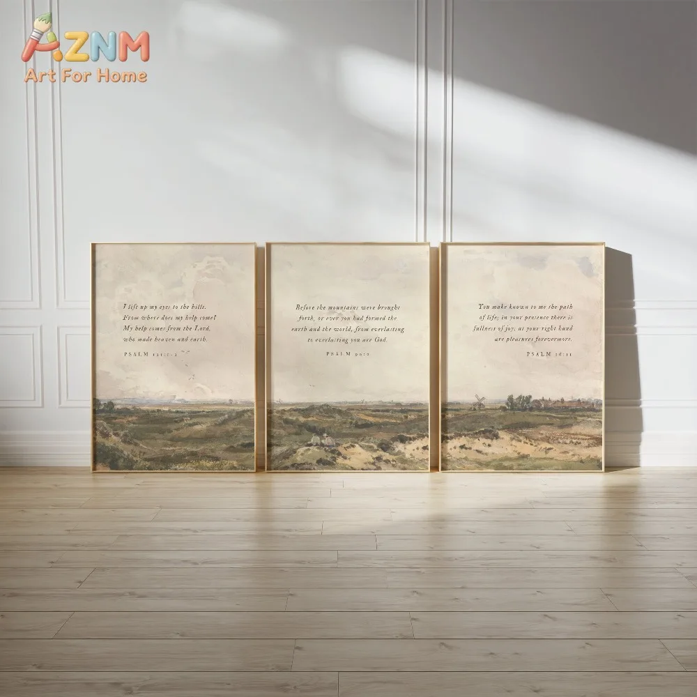 AZNM 3Pcs Vintage Scripture Canvas Wall Art, Psalm Quotes Landscape Print Frameless Canvas Painting, Retro Christian