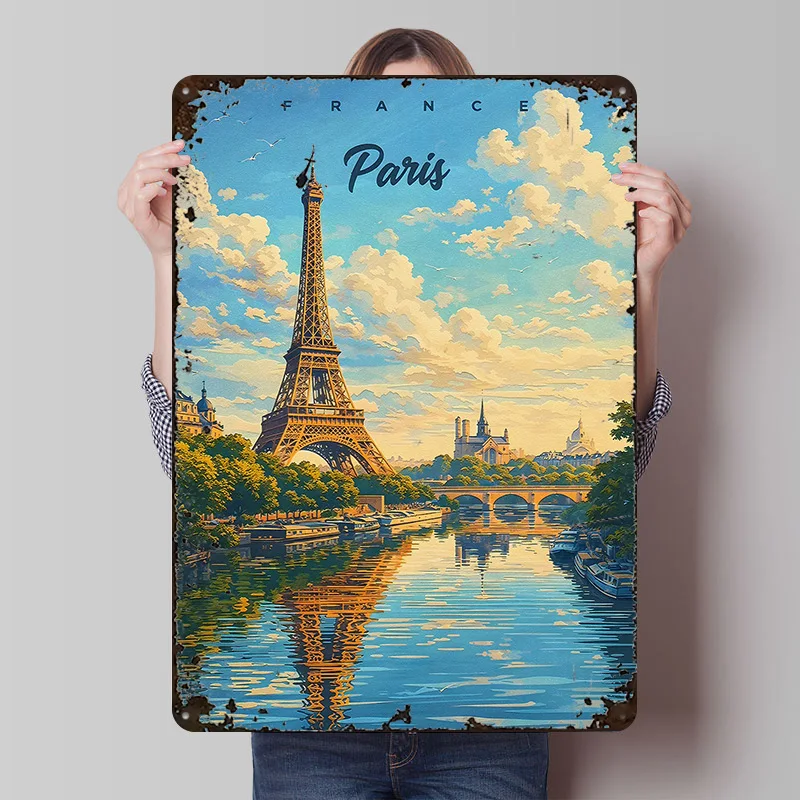 Eiffel Tower Paris River Scene Tinplate Poster Custom Wall Art Vintage Metal Signs Retro Tin Plaque for Room Ornaments Wand Deko