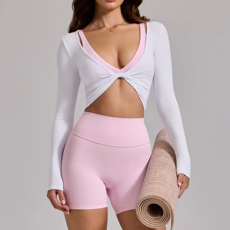 Sexy Twist-Front Langarm Crop Top Damen Geripptes Slim-Fit Yoga-Oberteil Schnelltrocknend Fitness Langarmshirt Lauf-Workout Sportbekleidung