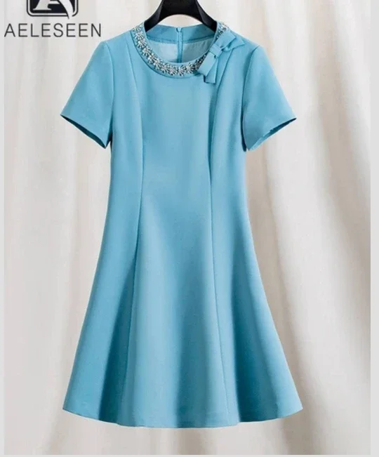 

OLOEY Vintage Light Blue Party Casual Dresses Skirt Short Sleeves O-Neck Above Knee Length Outfit Cloth US Women