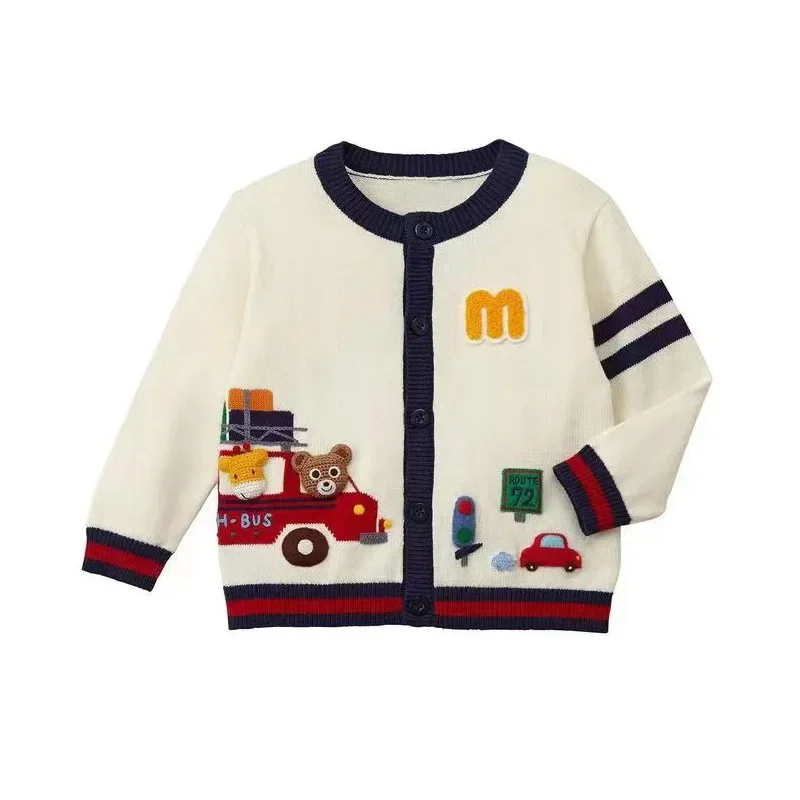 

Boys' Clothes Autumn Winter New Cartoon Bear Car Embroidery Sweater Jacket Knitted Cardigan