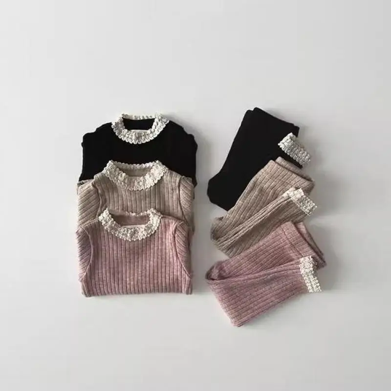 

2025 Spring New Children Long Sleeve Home Clothes Set Girls Lace Collar Bottoming Shirts + Pants 2pcs Suit Cotton Kids Outfits