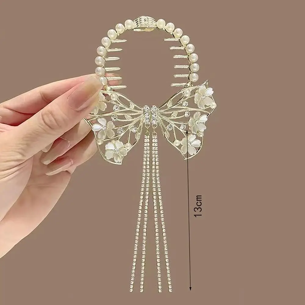 Elegant Retro Meatball ผมคลิป Floristic Pearl CHAIN ผม Claw ผมหางม้า Hairpins ผู้หญิง