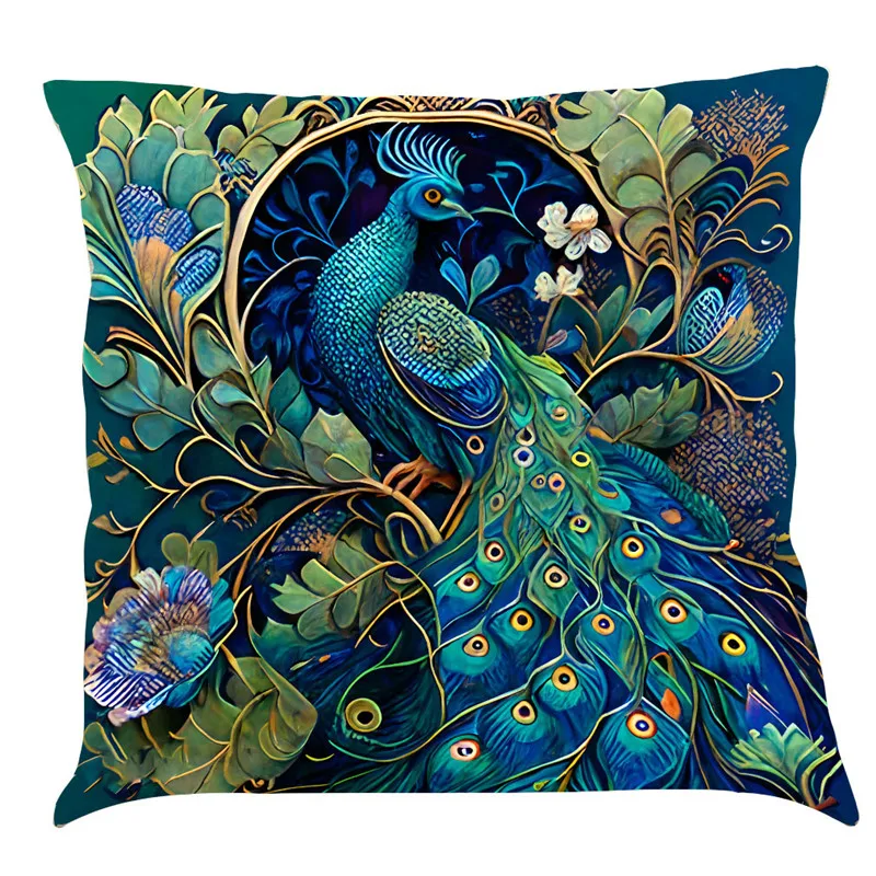 Funda de cojín de estilo nórdico con pintura al óleo de pavo real, funda de cojín de lino y algodón para sofá, decoración del hogar, 45x45cm