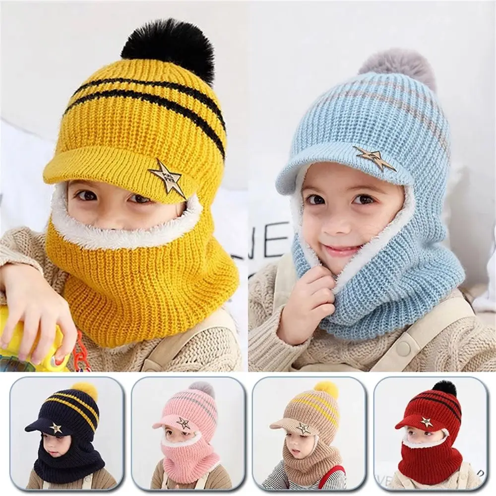 Girls Boys Winter Warm Ear Protection Cap Knitted Cap Kids Beanie Hats Hooded Scarf Earflap Fleece Lining Baseball Caps