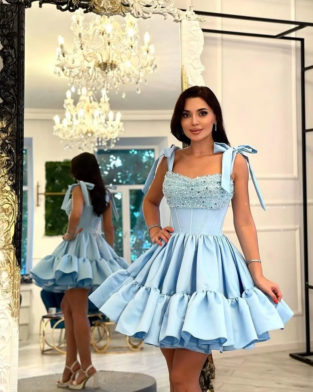 

Satin Homecoming Dresses Sequin Beaded Mini DAMA Dresses for Quinceanera Short Prom Dresses Ruffles Cocktail Dresses
